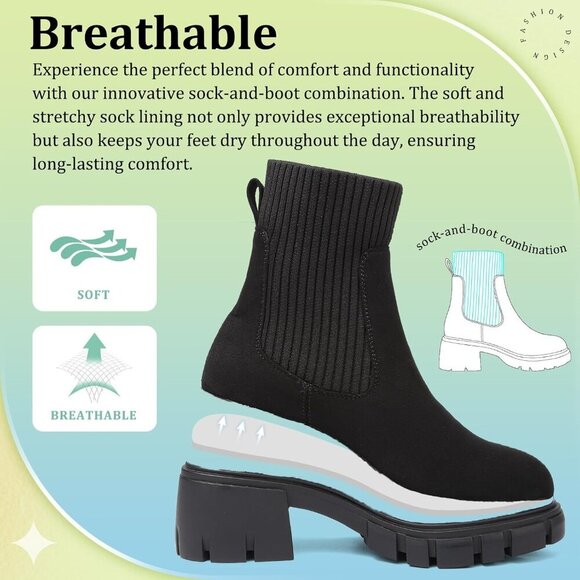 🆕Women's Chelsea Platform Ankle Boots Black RM PU+PVC, Stylish & Trendy - Picture 4 of 7